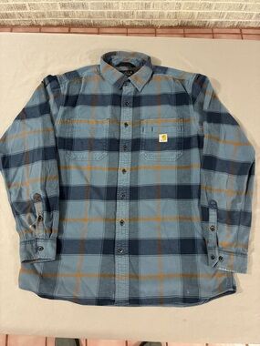 Carhartt Plaid Button-Up Work Shirt Men’s Large Tall Relaxed Fit Blue and Gray